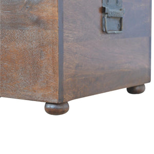 White Linen Storage Trunk | Solid Mango Wood | Chestnut Finish | Buttoned Bench