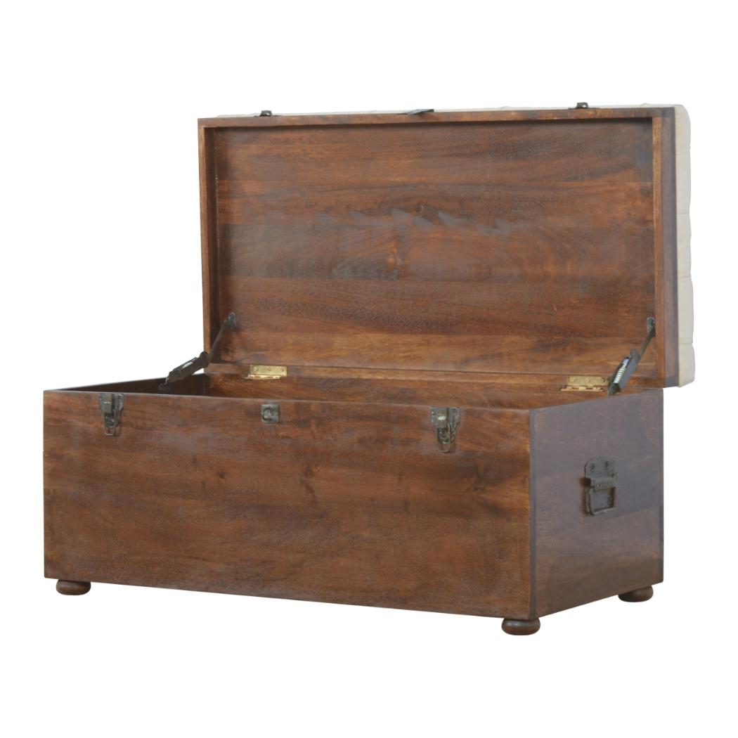 White Linen Storage Trunk | Solid Mango Wood | Chestnut Finish | Buttoned Bench