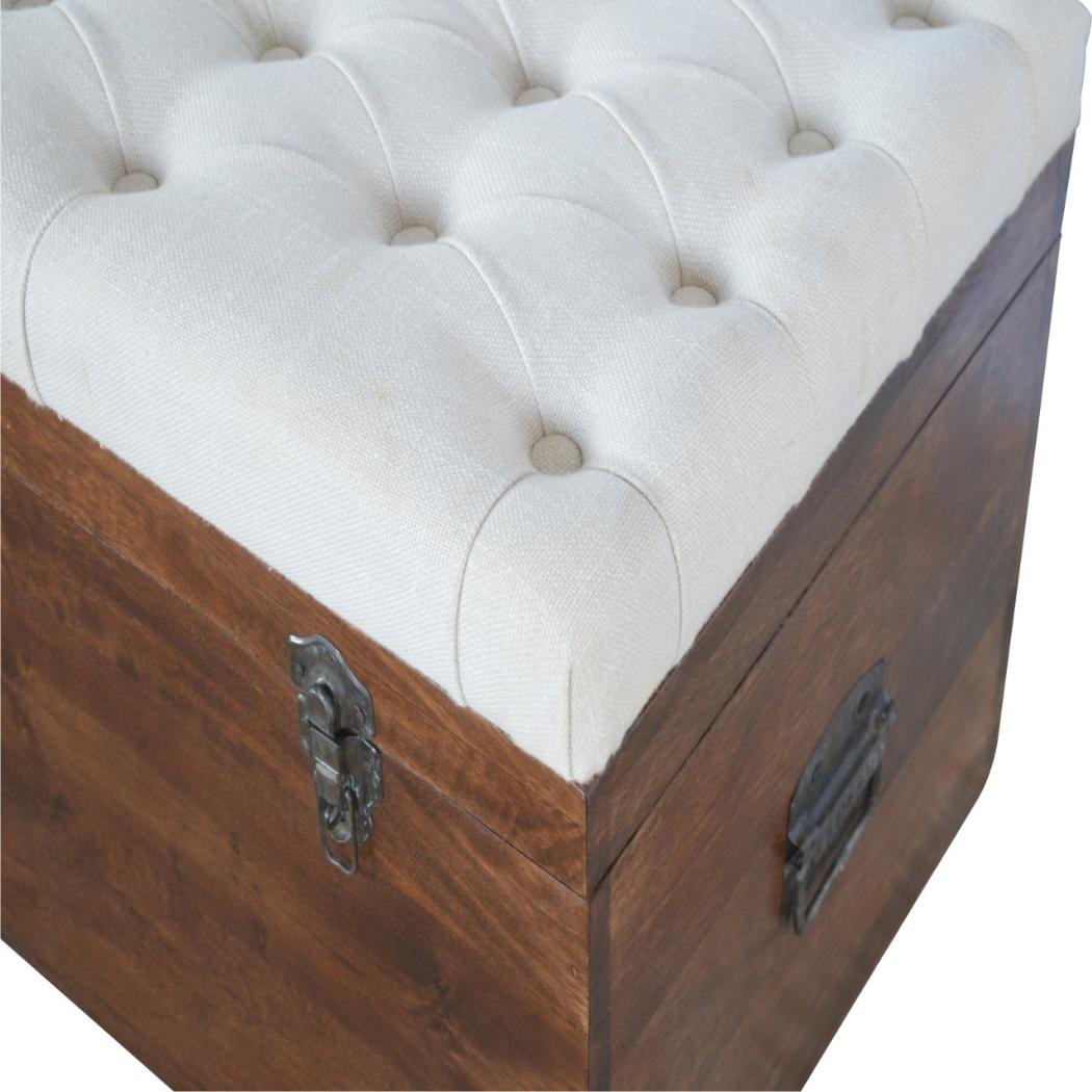 White Linen Storage Trunk | Solid Mango Wood | Chestnut Finish | Buttoned Bench