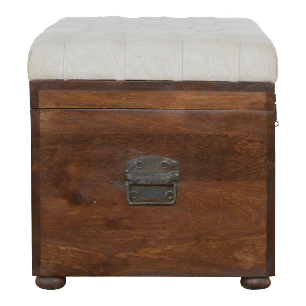 White Linen Storage Trunk | Solid Mango Wood | Chestnut Finish | Buttoned Bench