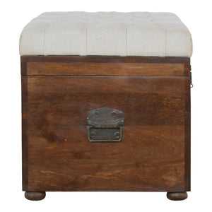 White Linen Storage Trunk | Solid Mango Wood | Chestnut Finish | Buttoned Bench