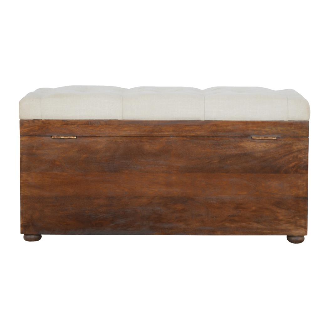 White Linen Storage Trunk | Solid Mango Wood | Chestnut Finish | Buttoned Bench