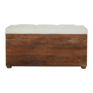 White Linen Storage Trunk | Solid Mango Wood | Chestnut Finish | Buttoned Bench