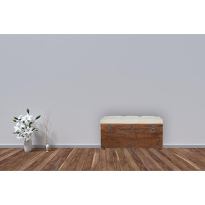 White Linen Storage Trunk | Solid Mango Wood | Chestnut Finish | Buttoned Bench