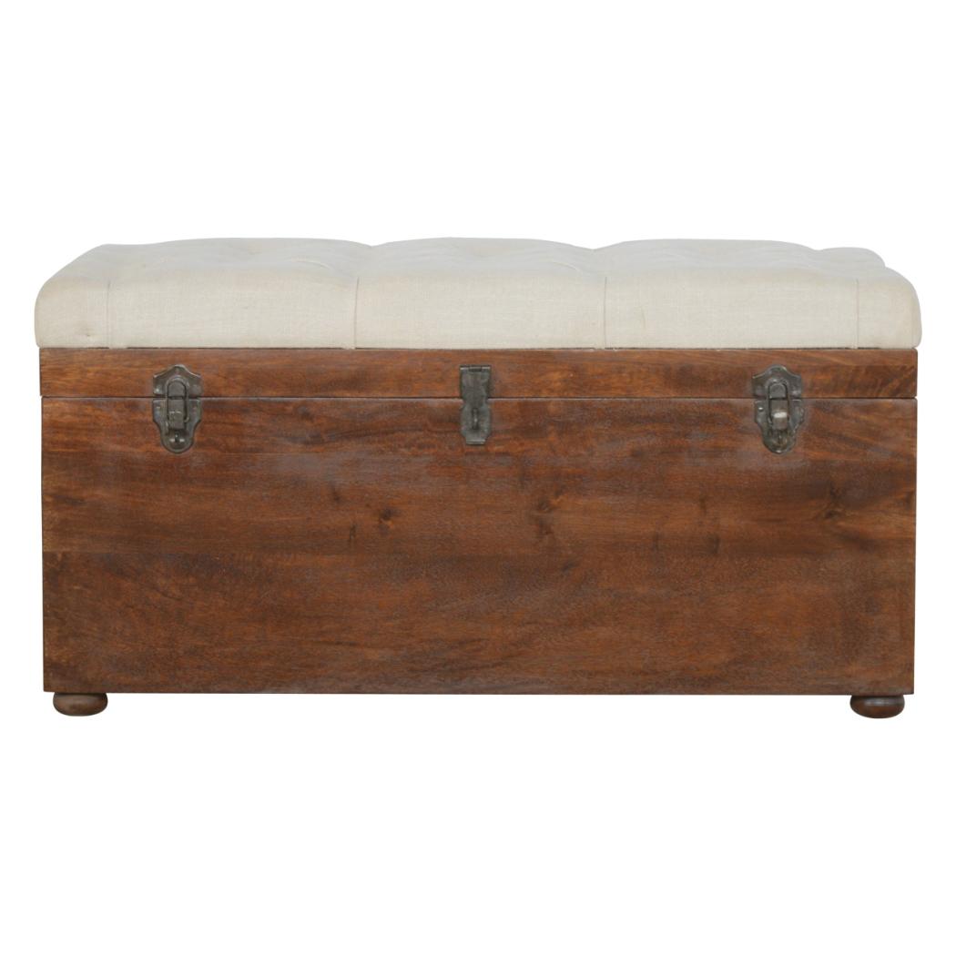 White Linen Storage Trunk | Solid Mango Wood | Chestnut Finish | Buttoned Bench