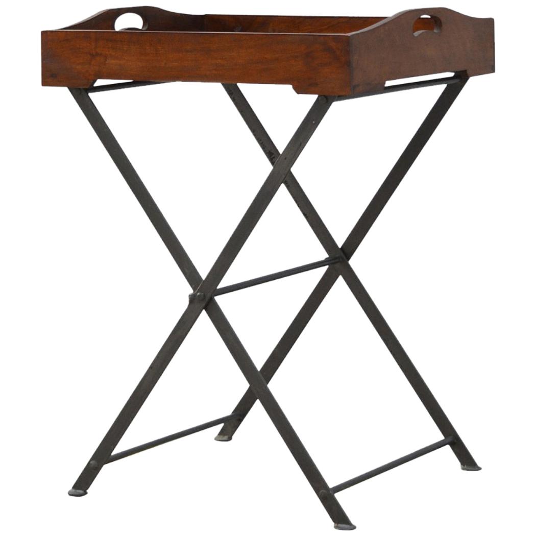 Wood Tray Table | Cross Iron Base | Portable Accent Table