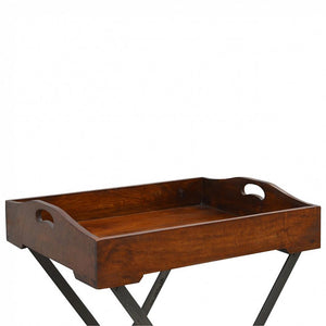 Wood Tray Table | Cross Iron Base | Portable Accent Table