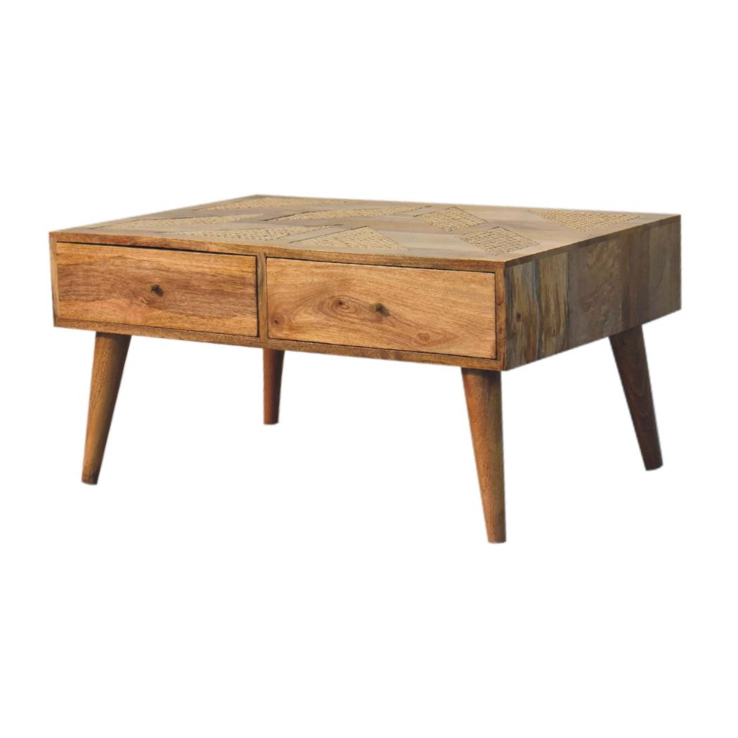 Woven Aztec Coffee Table | Solid Mango Wood & Woven Detail | Natural Wood Finish | Hand-Woven Detail
