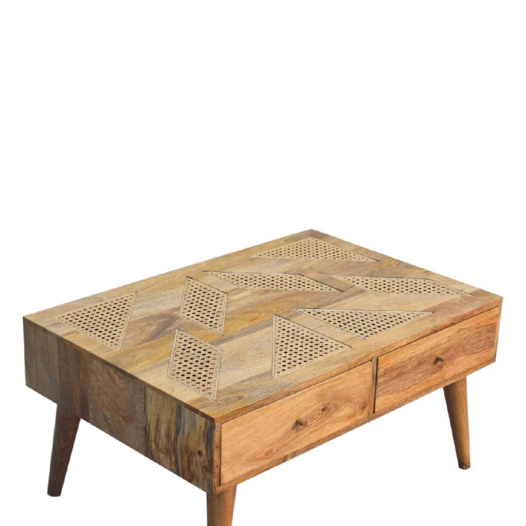 Woven Aztec Coffee Table | Solid Mango Wood & Woven Detail | Natural Wood Finish | Hand-Woven Detail