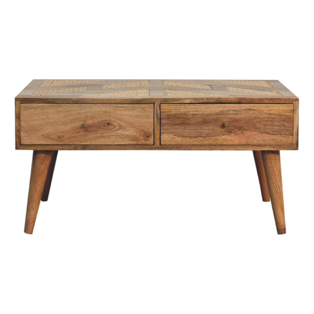 Woven Aztec Coffee Table | Solid Mango Wood & Woven Detail | Natural Wood Finish | Hand-Woven Detail