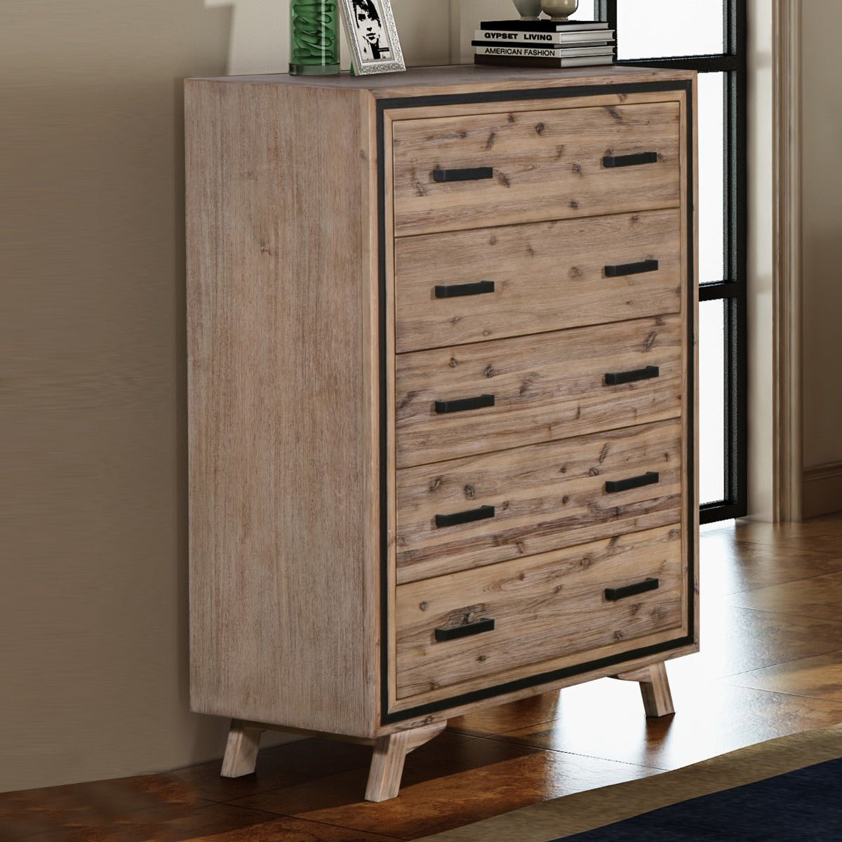 Solid Acacia Tallboy With 5 Storage Drawers
