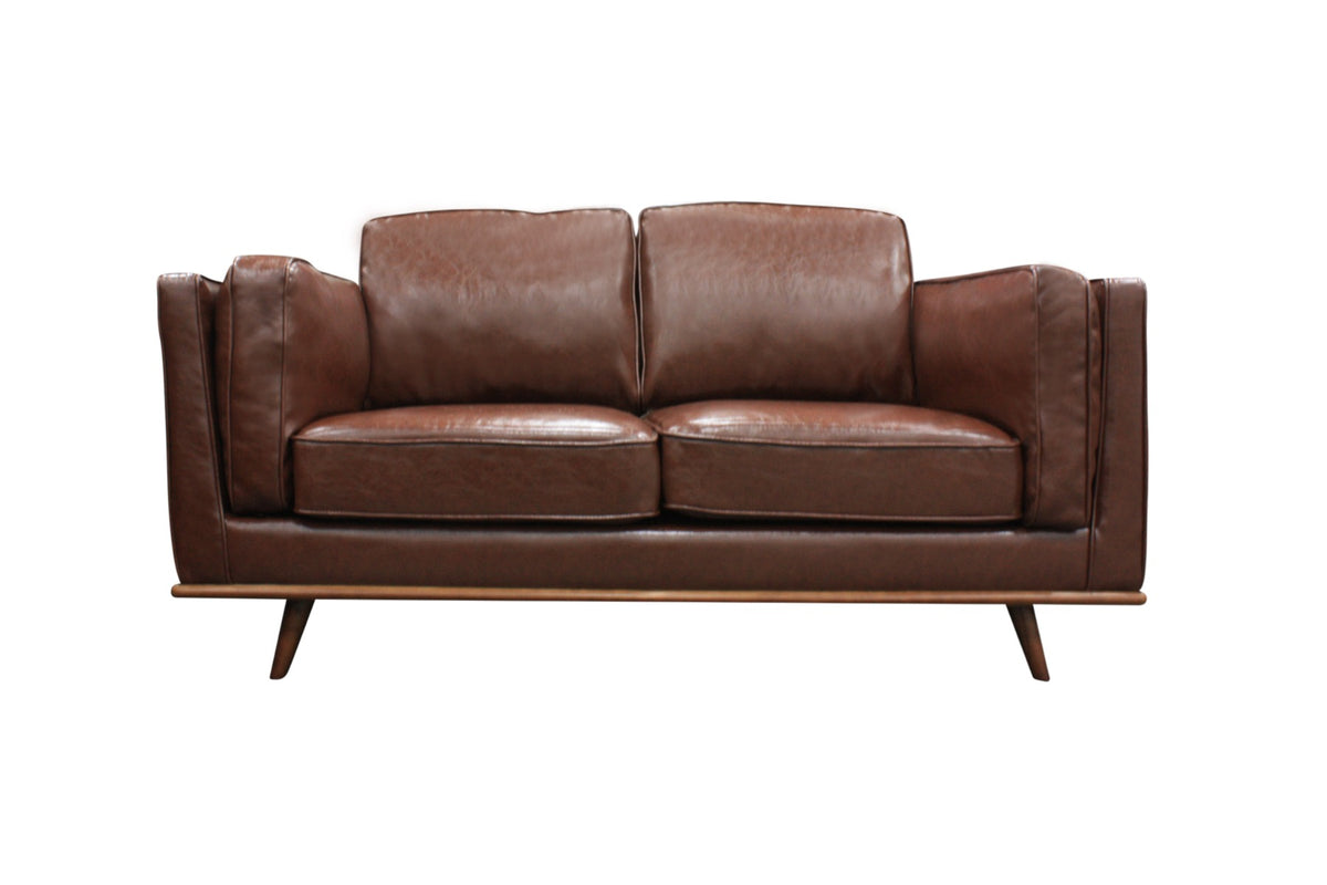 Modern Brown 2 Seater Faux Leather Sofa With Wooden Frame