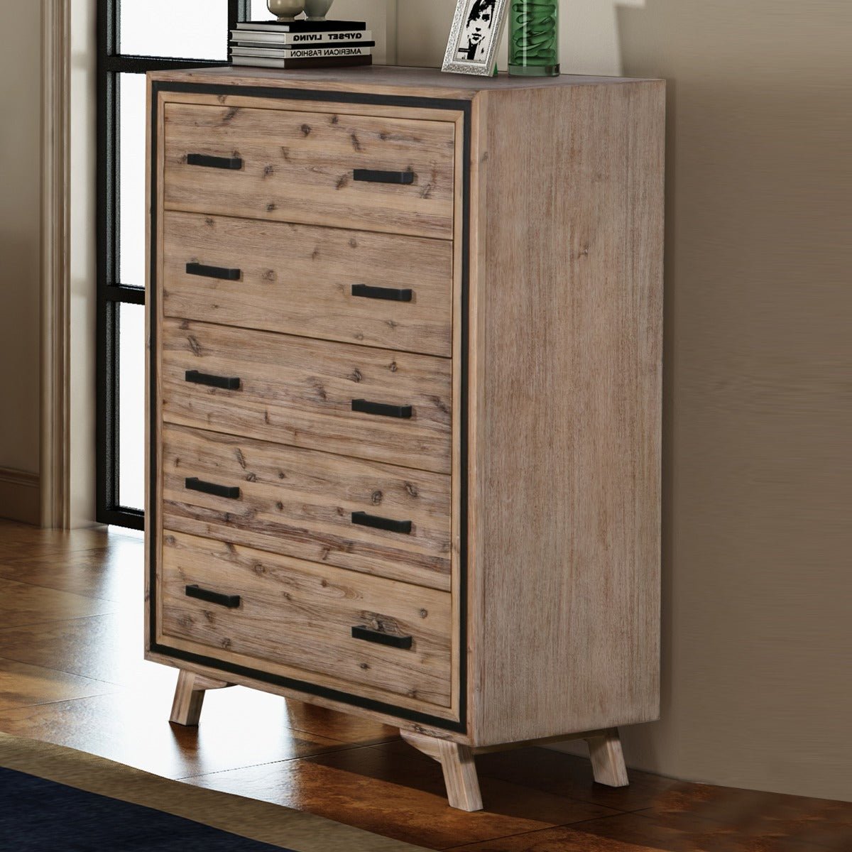 Solid Acacia Tallboy With 5 Storage Drawers