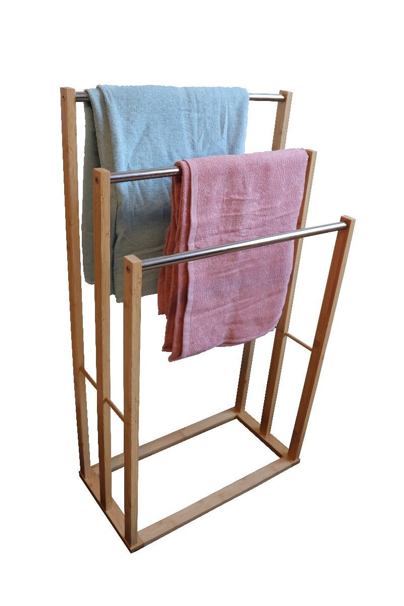 Bamboo & Metal Towel Bar Holder Rack - 3-Tier Freestanding