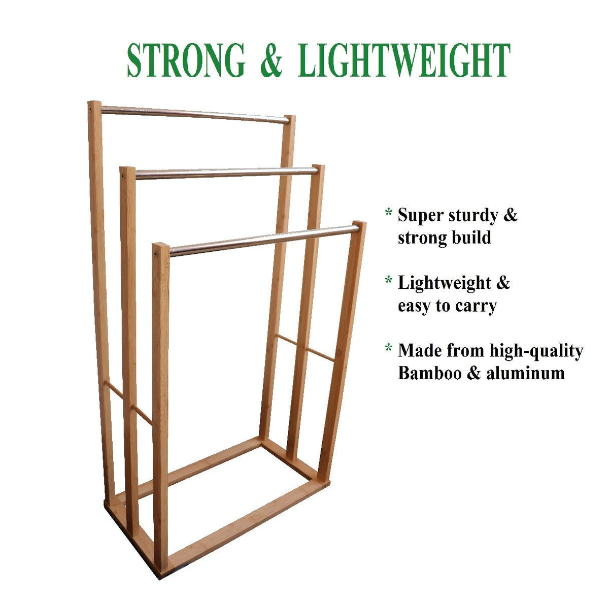 Bamboo & Metal Towel Bar Holder Rack - 3-Tier Freestanding