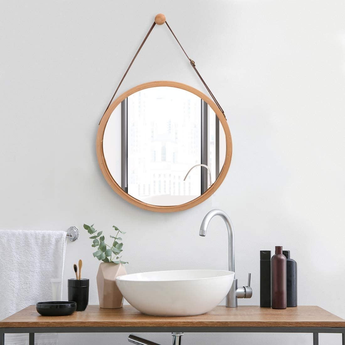 Solid Bamboo Framed Hanging Round Wall Mirror 38cm
