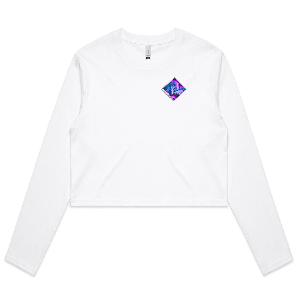 Women's Long Sleeve Crop Tee With Purple Waves Hippie House Pocket Print
