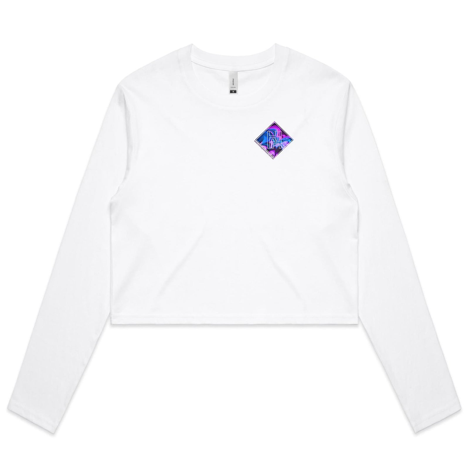 Women's Long Sleeve Crop Tee With Purple Waves Hippie House Pocket Print