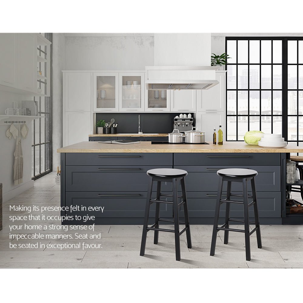 Black Beech Wood Backless Bar Stools - Set Of 2