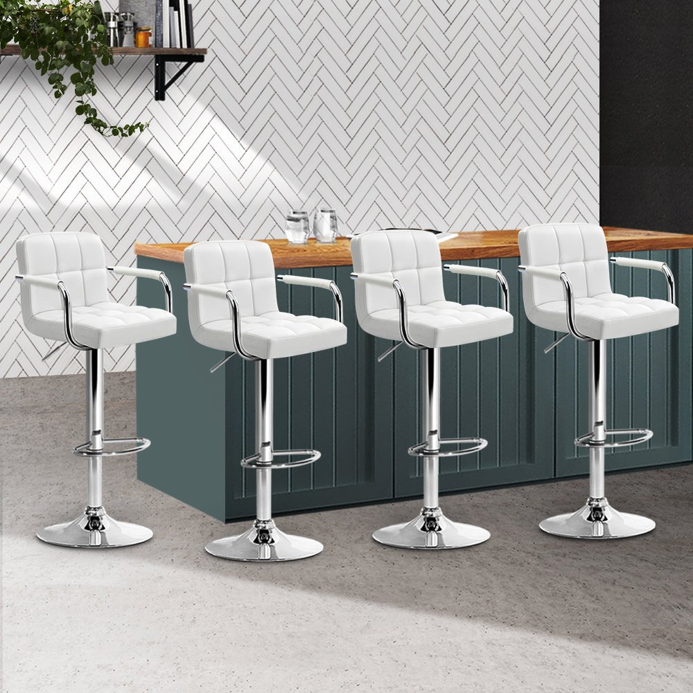 Set of 4 Steel White Bar Stools With Gas Lift