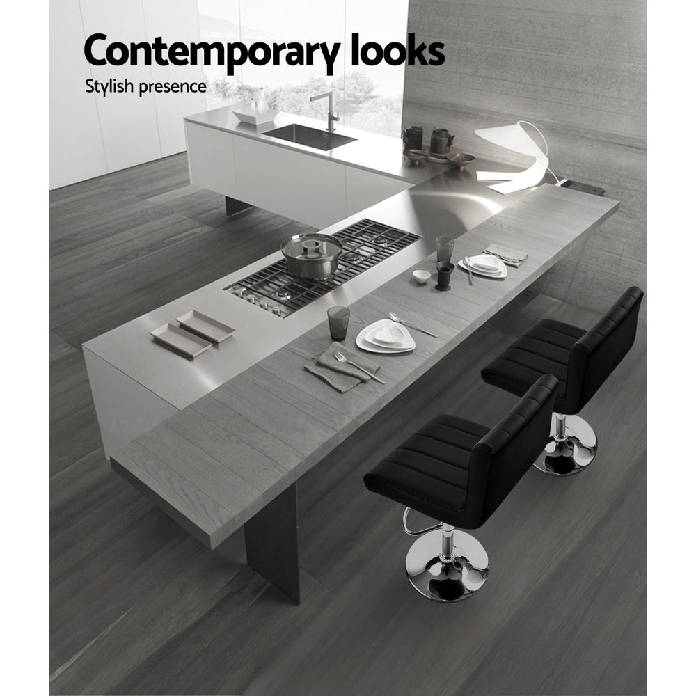 Black Line Styled PU Leather Bar Stools With Back Rests - 2 Pack