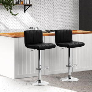 Black Line Styled PU Leather Bar Stools With Back Rests - 2 Pack