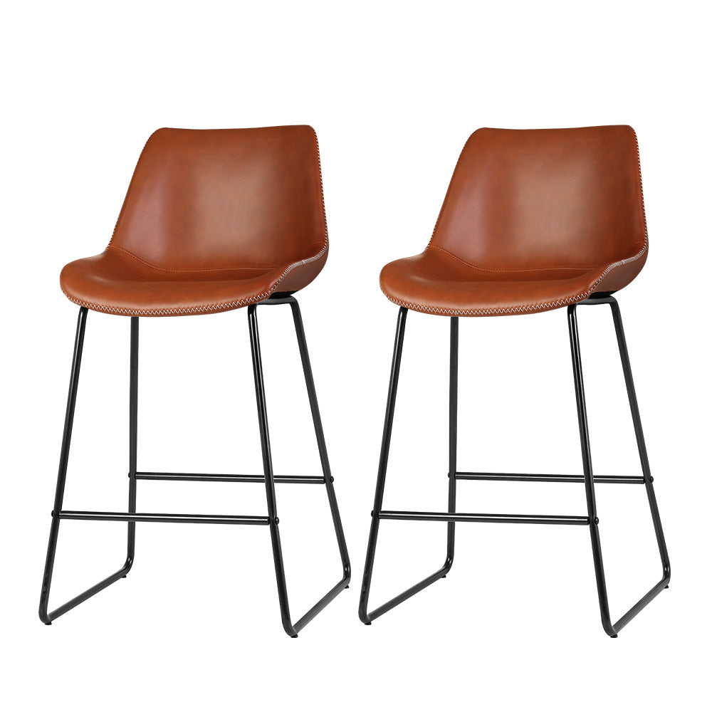 Set of 2 Metal Bar Stools With Brown Seats