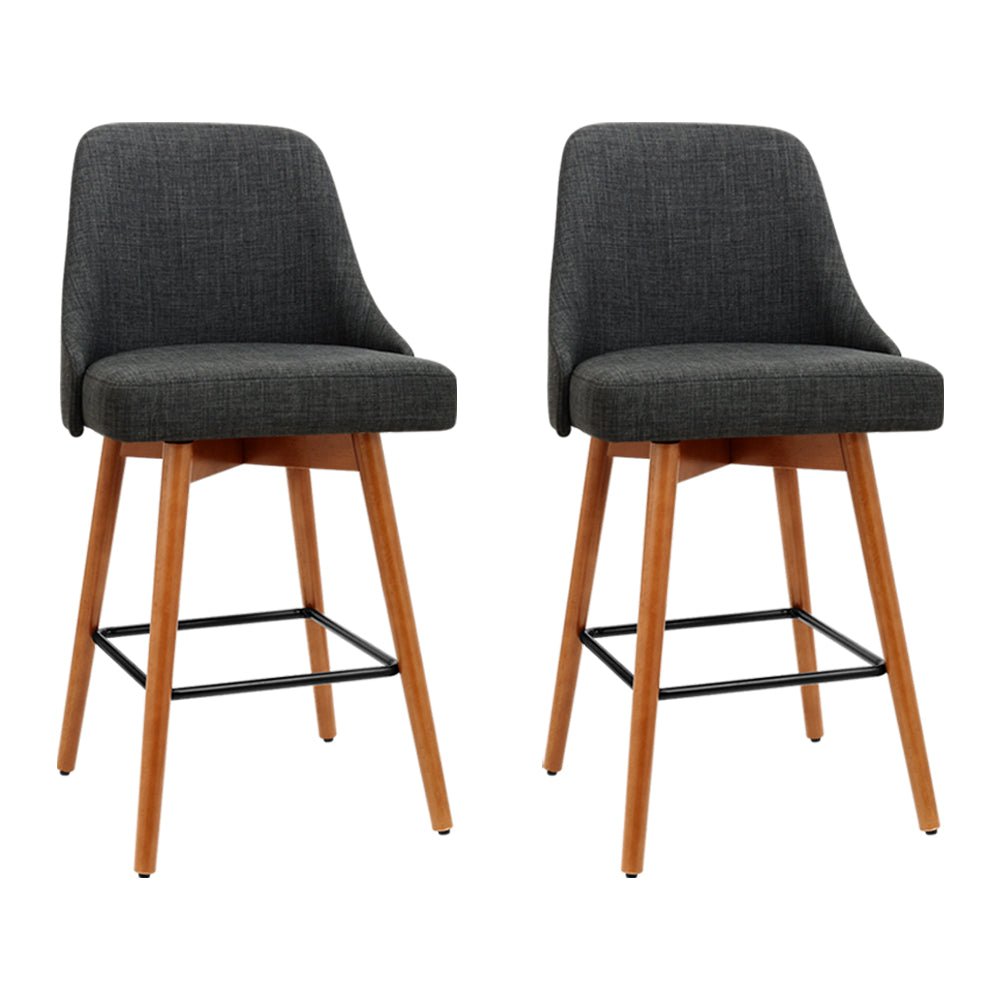 Wooden And Charcoal Fabric Bar Stools With Square Footrest