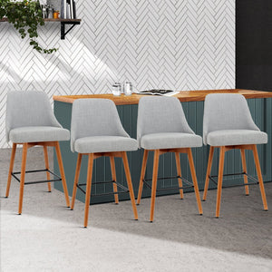 Grey Wooden Fabric Bar Stools With Square Footrest - 4PCS Set