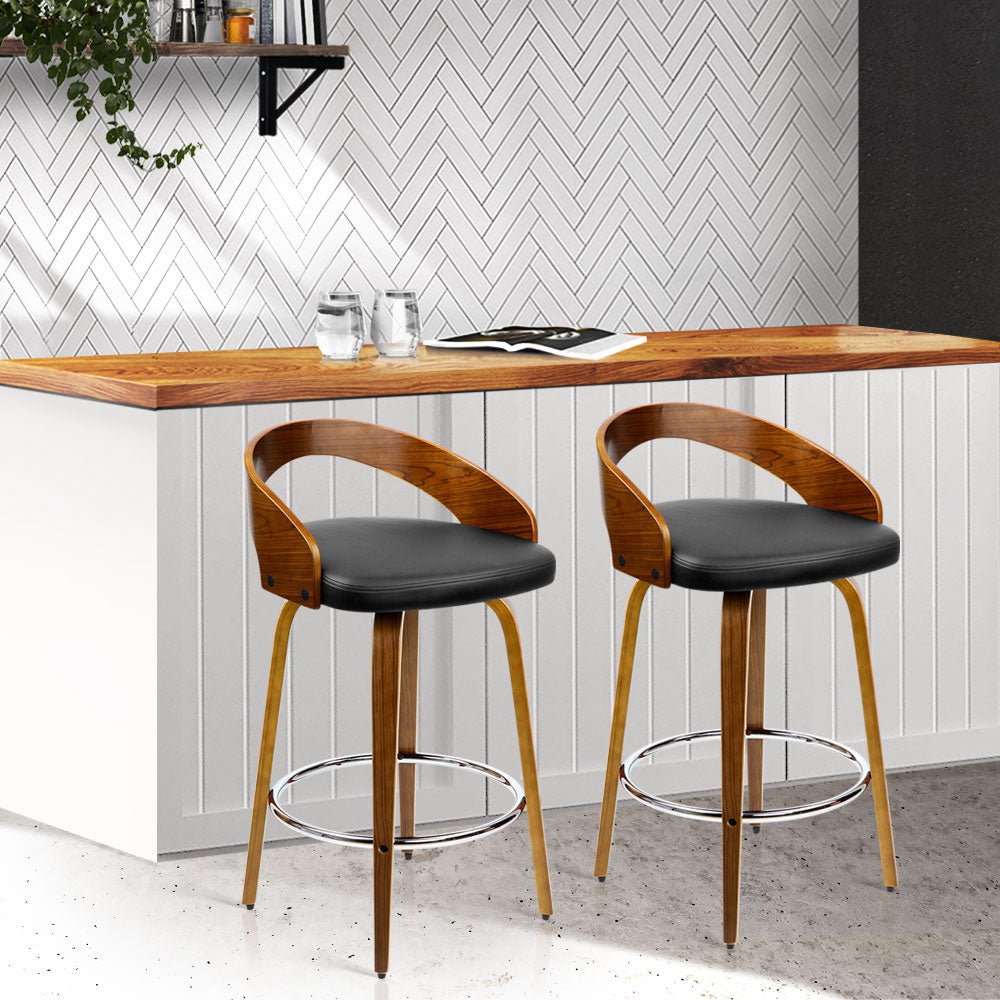 Black And Brown Walnut Wood Bar Stools - 2 Pack