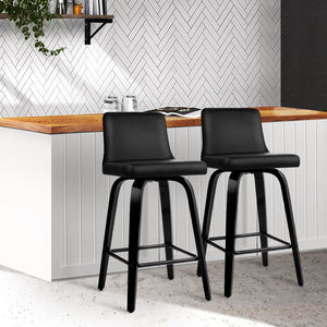 Set of 2 PU Leather Bar Stools With Wooden Legs