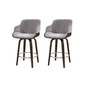 2x Kitchen Bar Stools | Wooden Swivel Chairs | Grey Velvet Fabric