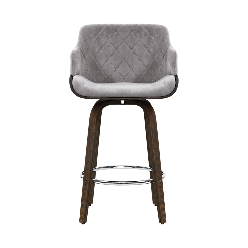 2x Kitchen Bar Stools | Wooden Swivel Chairs | Grey Velvet Fabric