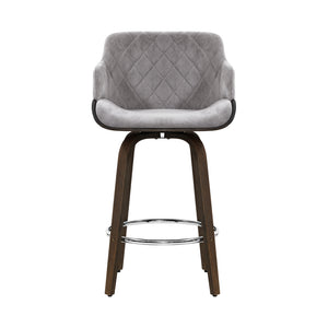 2x Kitchen Bar Stools | Wooden Swivel Chairs | Grey Velvet Fabric
