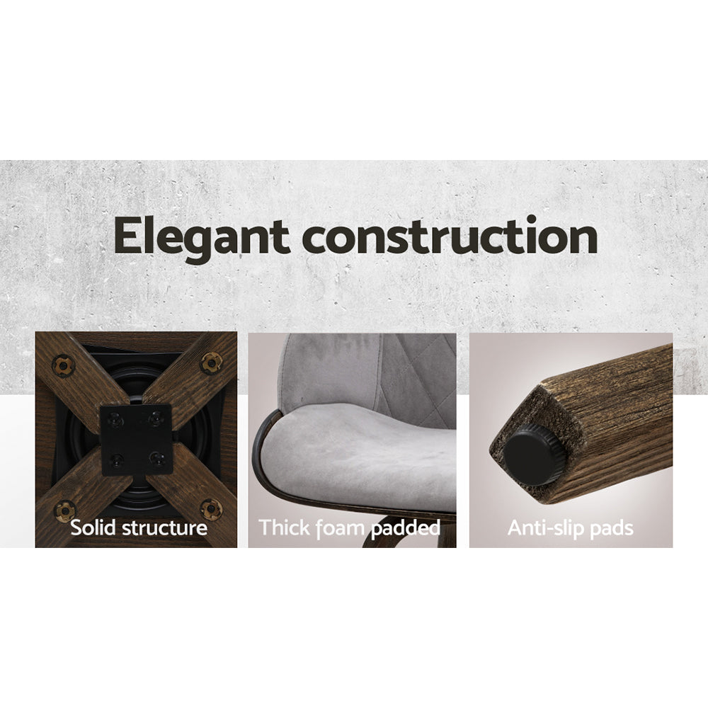 2x Kitchen Bar Stools | Wooden Swivel Chairs | Grey Velvet Fabric