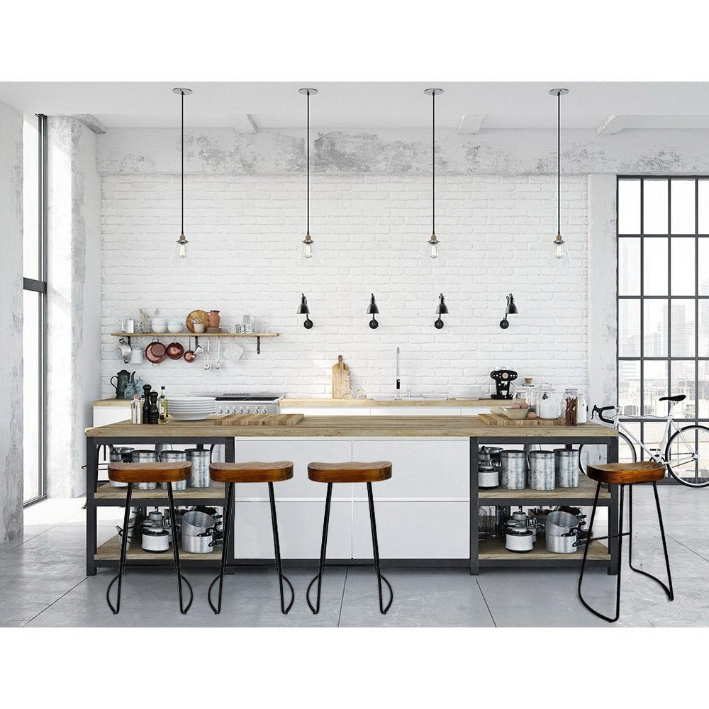 75cm Dark Elm Wood Backless Bar Stools - 4 Pack