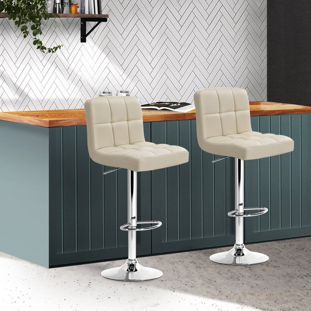 Beige PU Leather Gas Lift Bar Stools - 2 Pack