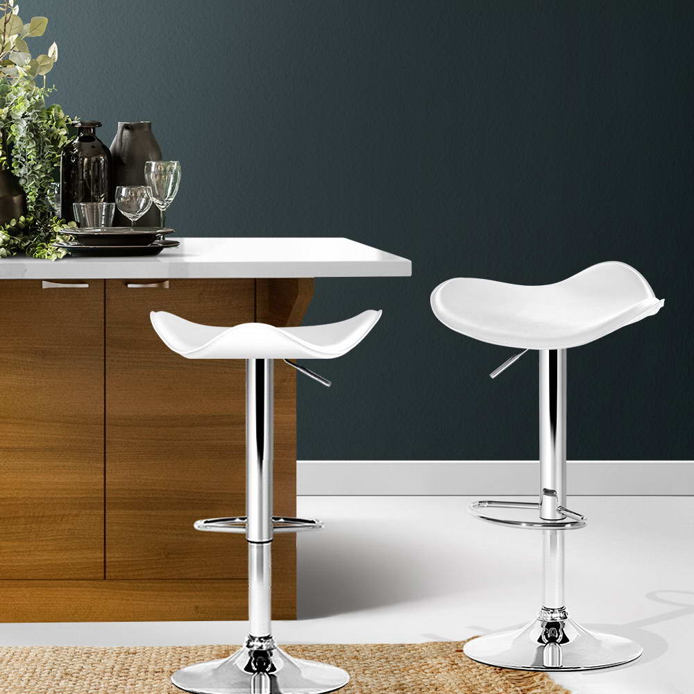 Gas Lift Bar Stools With White PU Leather - 2 Pack