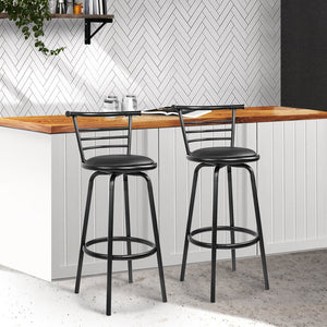 Black Leather Bar Stools With Steel Legs - 2 Pack