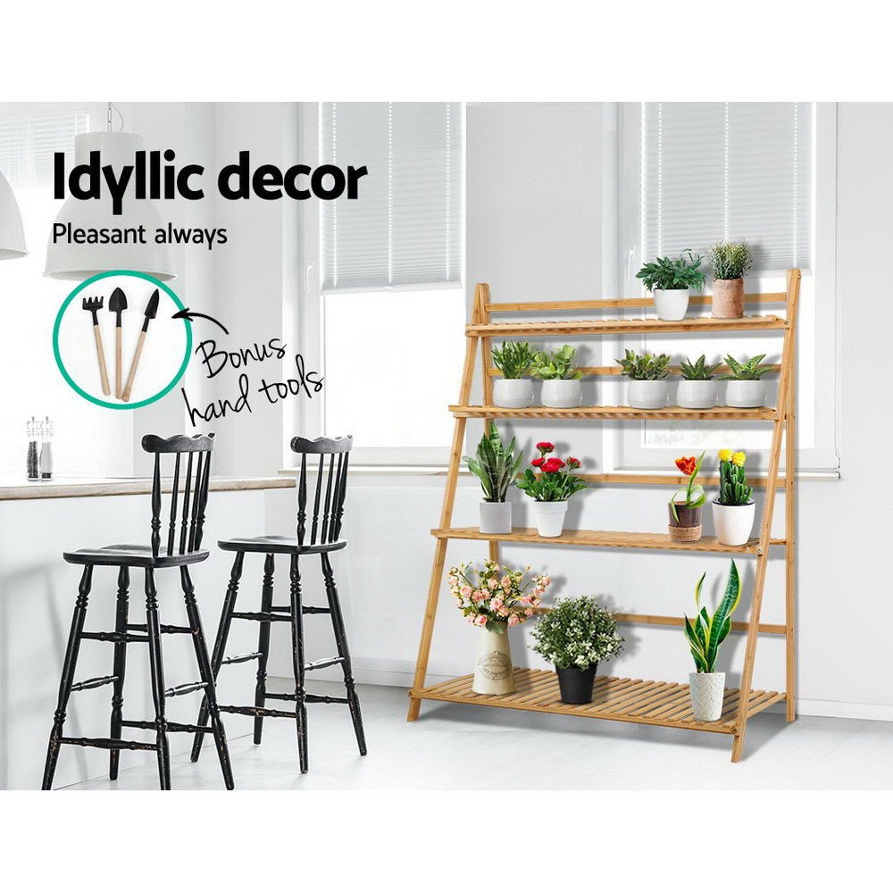Bamboo Ladder Shelf For Plants - Foldable