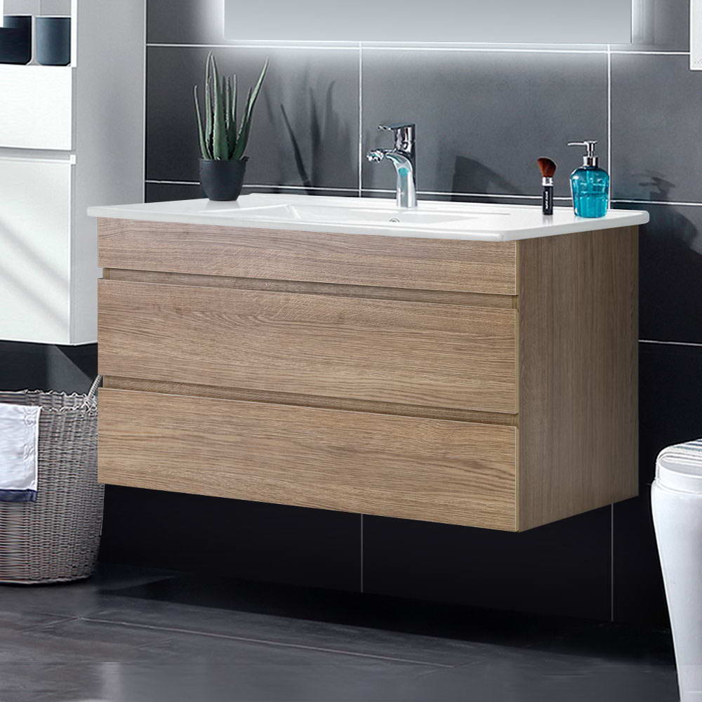 Cefito 900mm Bathroom Vanity Cabinet - Wall Mounted Oak White | Sink Storage
