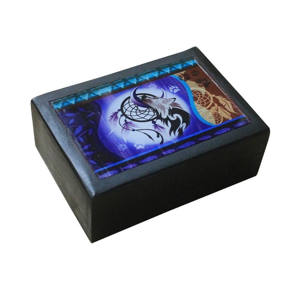 Wooden Box With Wolf & Dream Catcher Print