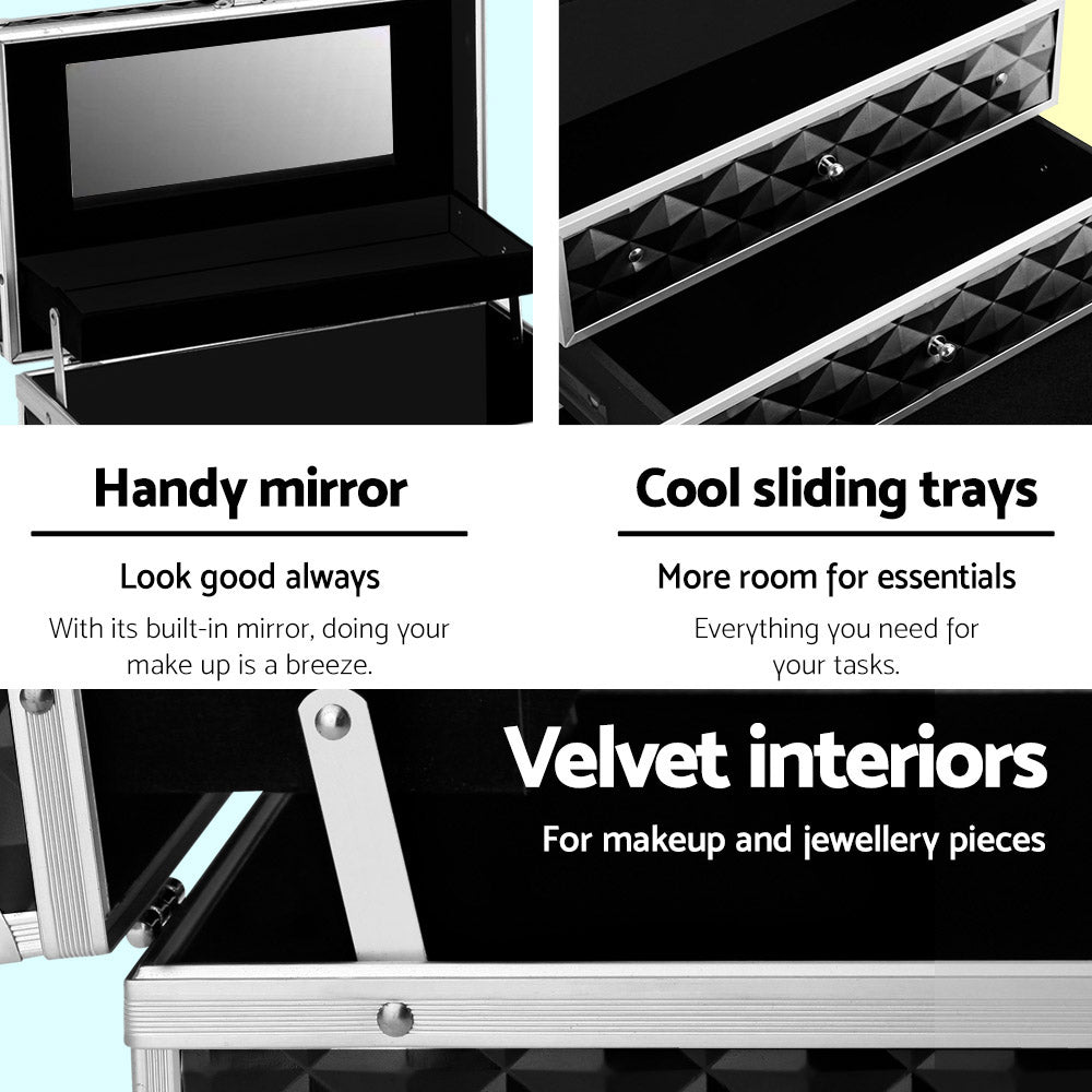 Cosmetic Beauty Makeup Carry Case with Mirror | Diamond Black