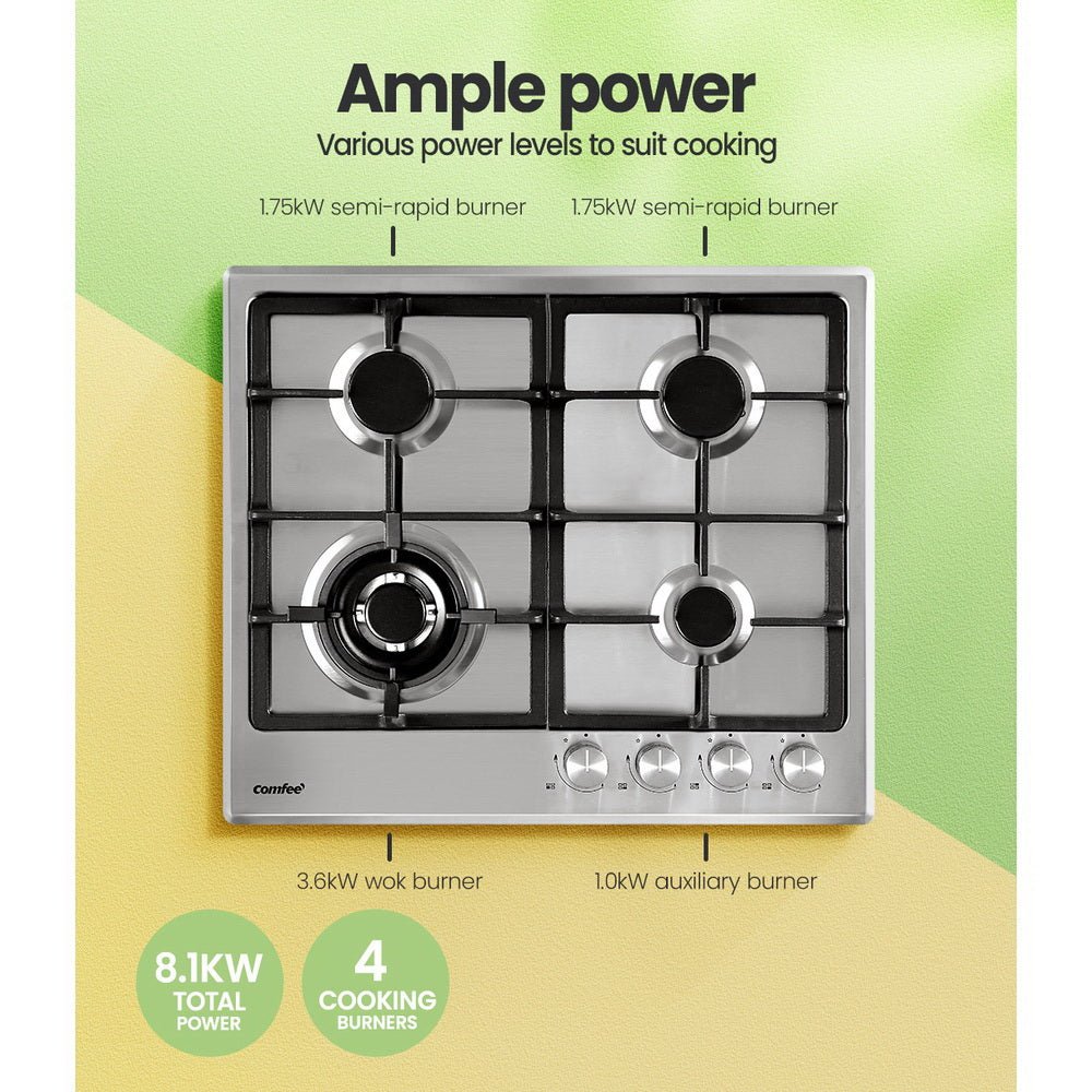 Comfee 60cm Gas Cooktop Stainless Steel 4 Burners Kitchen Stove Cook Top NG LPG - The Hippie House