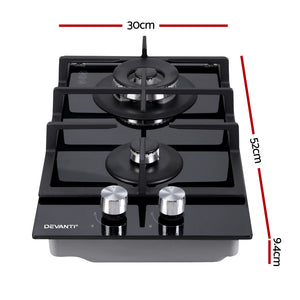 Devanti Gas Cooktop 30cm Gas Stove Cooker 2 Burner Cook Top Konbs NG LPG Black