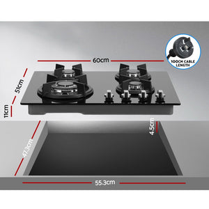 Devanti Gas Cooktop 60cm 4 Burner Ceramic Glass Cook Top Stove Hob Cooker LPG NG Black