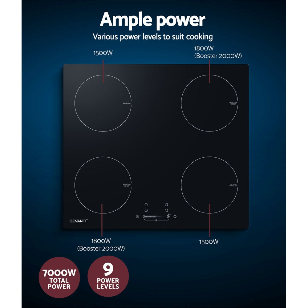 Devanti Electric Induction Cooktop | 60cm Ceramic | 4 Zones Stove Cook Top | Hot Plate