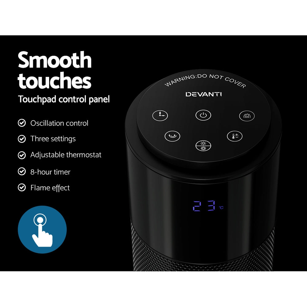 Devanti Electric Ceramic Tower Heater | 3D Flame Oscillating Remote Control - 2000W