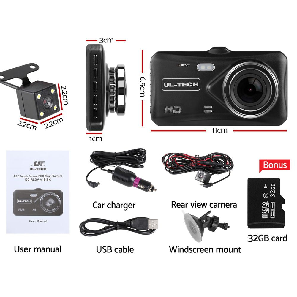 UL Tech 4 Inch Dual Camera Dash Camera - Black | High-Quality Dash Cam