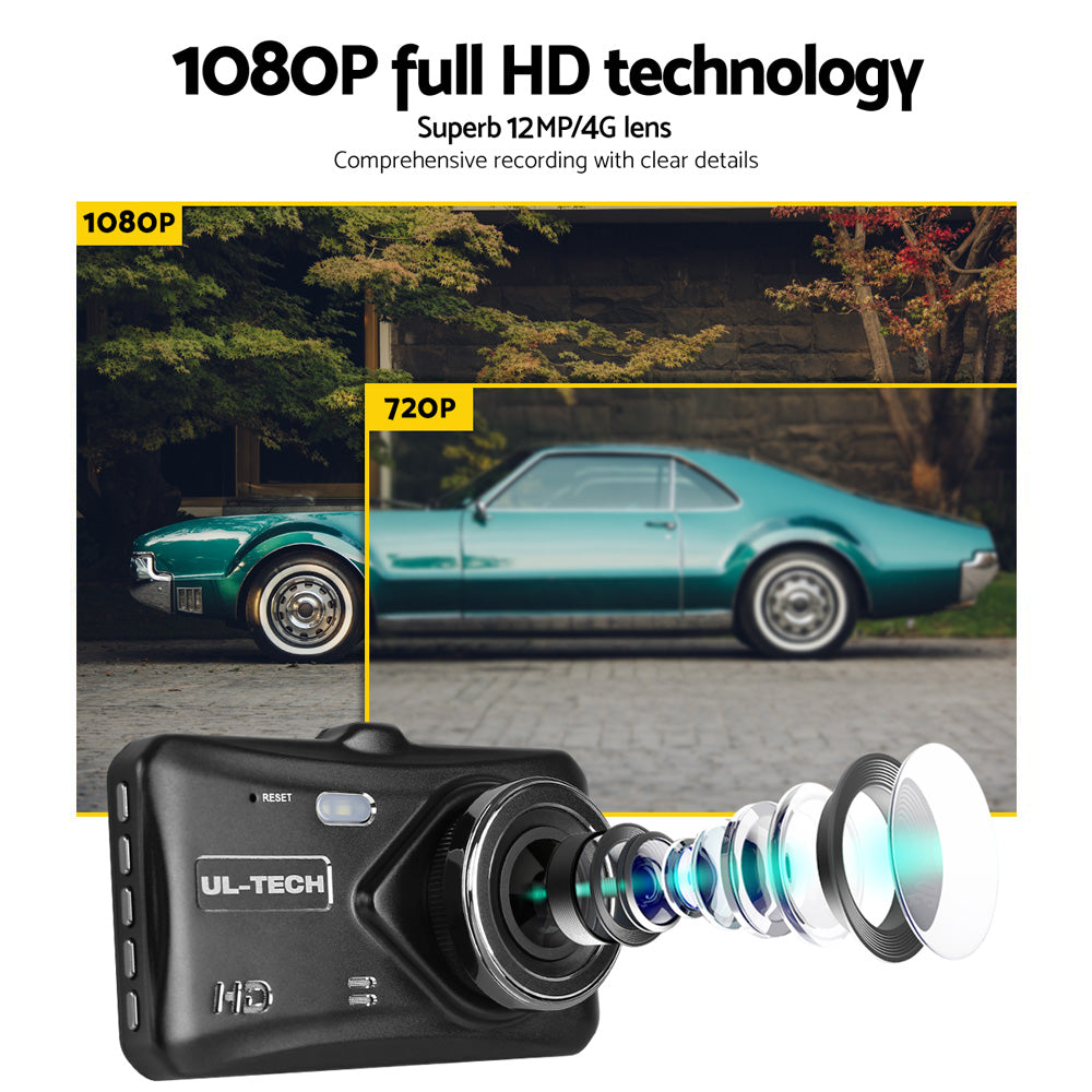 UL Tech 4 Inch Dual Camera Dash Camera - Black | High-Quality Dash Cam